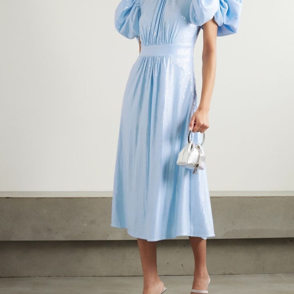 Blue Square Neck Puff Sleeve Midi Dress for Cocktail Events ROTATE